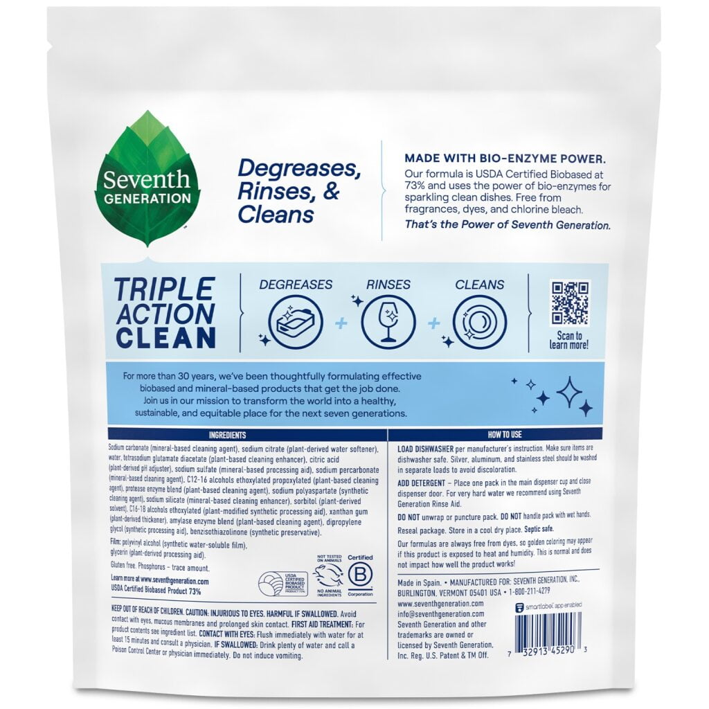 Seventh Generation Dishwasher Detergent Packs, 3-Pack (114 Pods Total), Triple Action Clean, Free & Clear