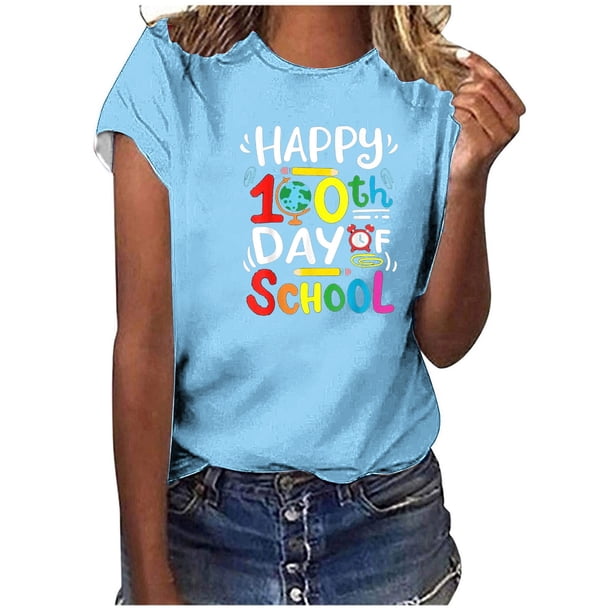 Camiseta de Profesor de Mujeres, 100 Días Feliz de la Escuela Imprimir Carta de Manga Corta para el Uso Casual Y de Fiesta, la Enseñanza Tee de Moda Temática