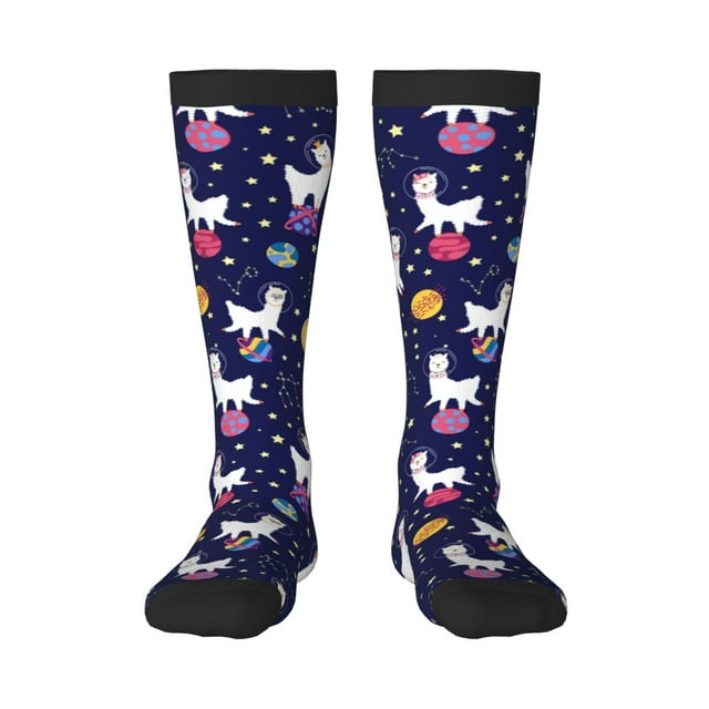 Gaeub Chaussettes Design Imprimé Lama dans l'Espace Chaussettes Hautes Extensibles pour Hommes Femmes Adolescents, Chaussettes de Softball Soccer pour Randonnée, Sport