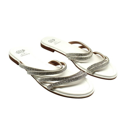 GC Shoes Womens Flat Fashion Sandals  Dressy PU Leather Summer Flats  Slip On Strappy Rhinestone Dress Slides  Cindy/White/10