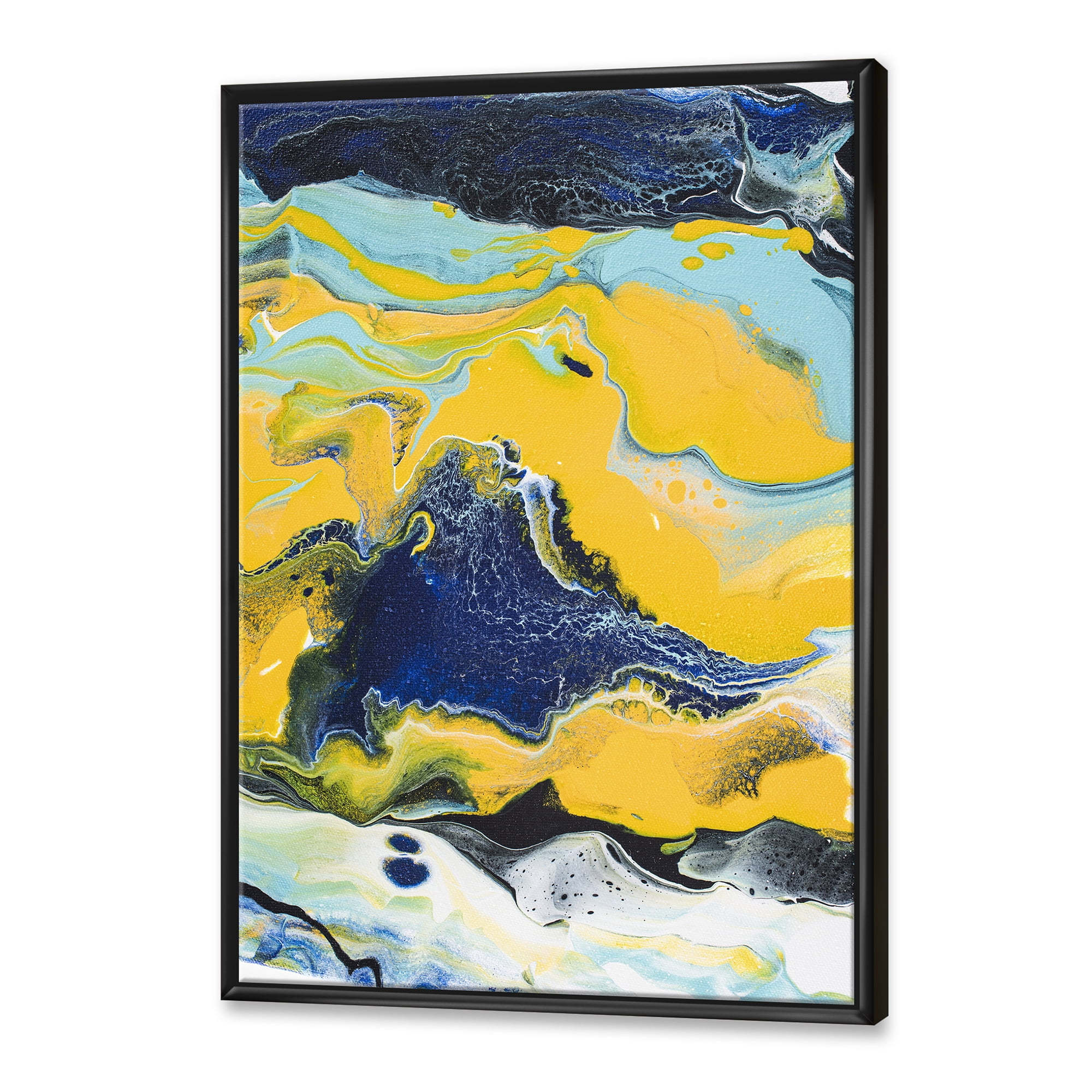 Designart 'Abstract Marble Composition In Blue and Yellow I' Modern Framed Canvas Wall Art Print