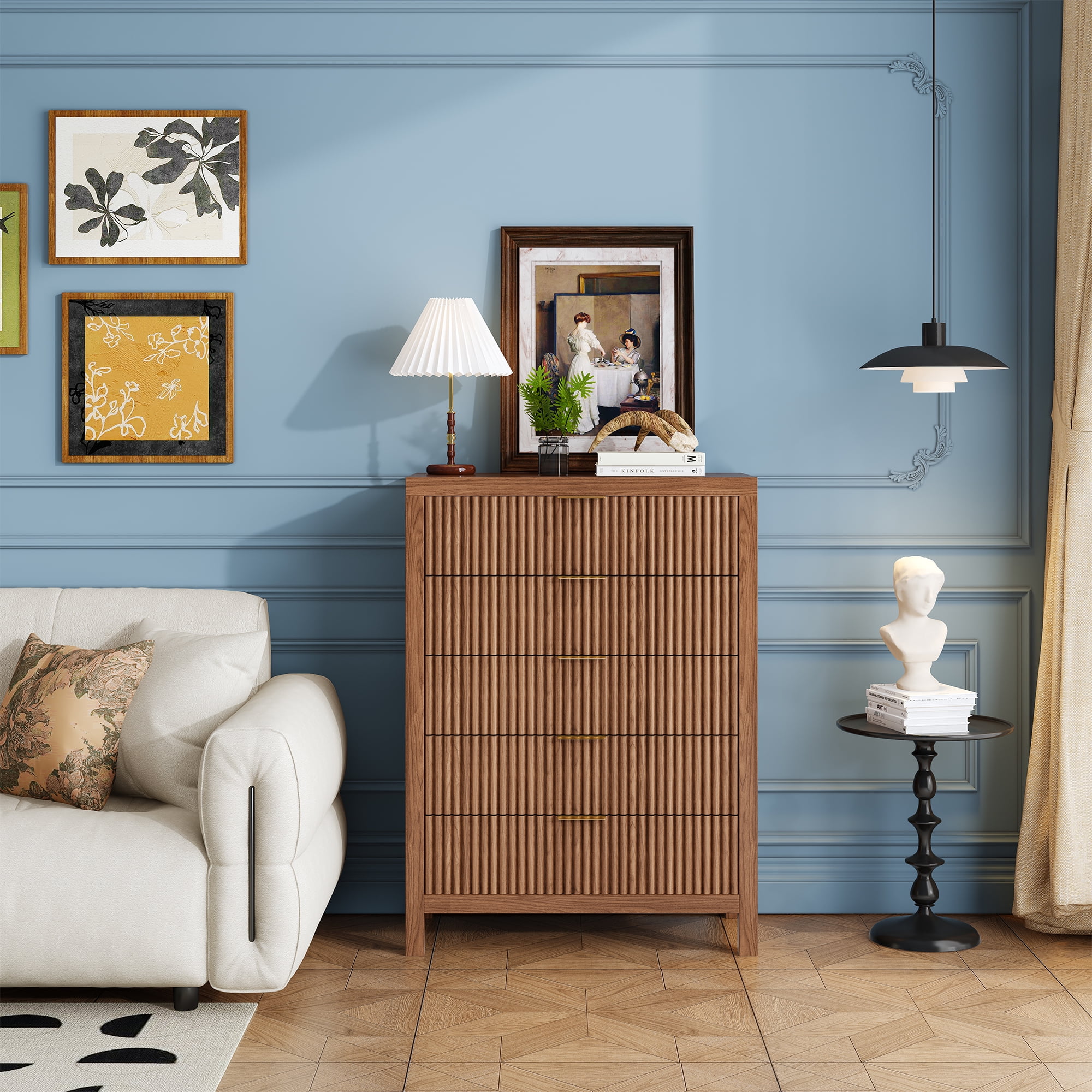 Fluted 5 Drawers Dresser, Modern 43" Tall Modern Chest of Drawers Farmhouse Dressers, Walnut