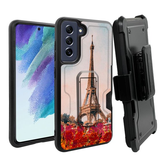 ANJ  Rugged Dual Layer Hybrid Holster Kickstand Case w/ Card Slot   Tempered Glass Cover for Samsung Galaxy S21 FE 5G - Eiffel Painting