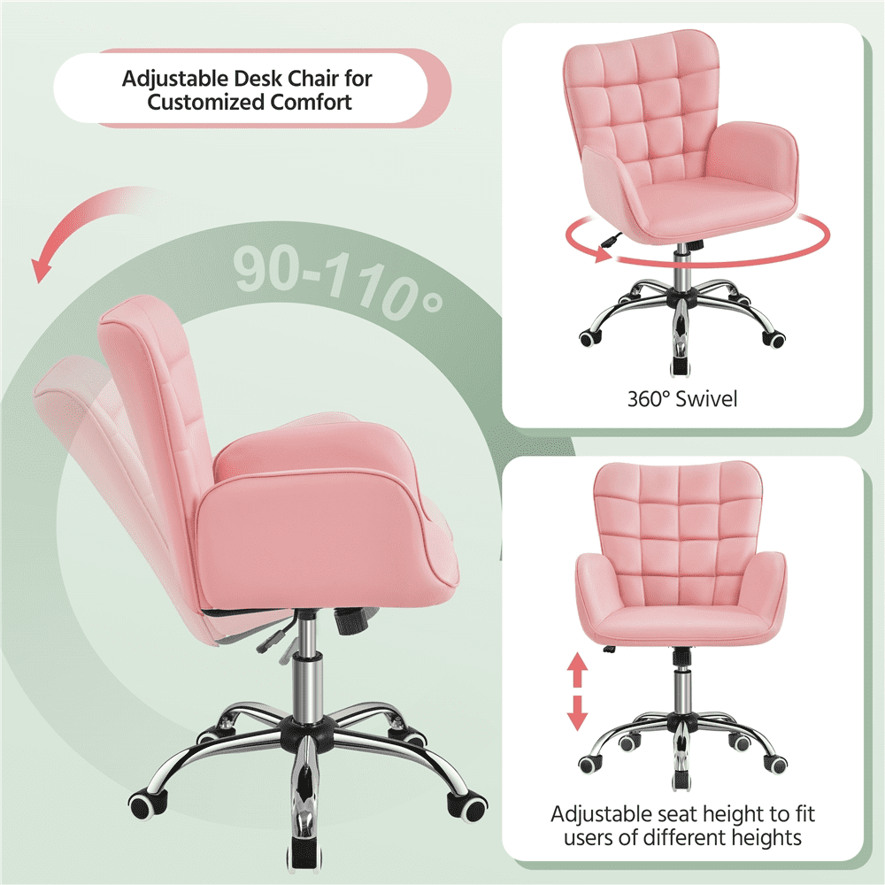 Alden Design Modern Faux Leather Desk Chair with Mid-back Padded Armrests for Office, Pink