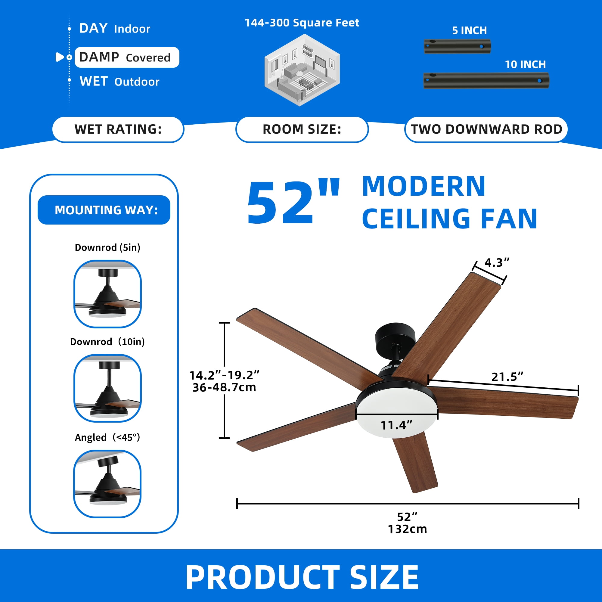 Dextrus 52" Ceiling Fan with Light and Remote Control, Modern Ceiling Fan with 6-Speed Quiet  DC Motor 5 Fan Blades - Black & Walnut