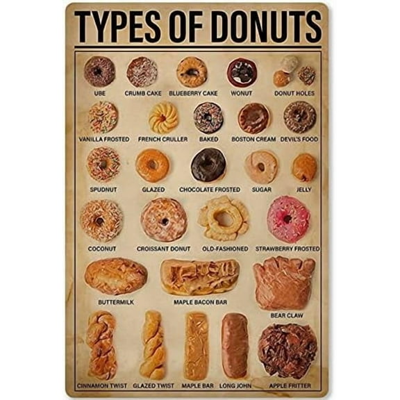 Metal Tin Sign Types of Donuts Dessert Educational Poster Knowledge Infographic for School Home Kitchen Cafe Wall Plaque 8x12 Inches