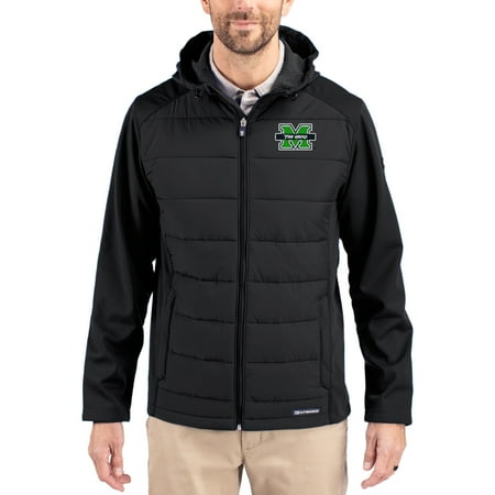 Men's Cutter & Buck Black Marshall Thundering Herd Evoke Hybrid Eco Softshell Recycled Full Zip Hooded Jacket