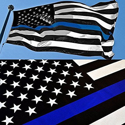 G128 - Thin Blue Line U.S. American Flag 3X5 FT Printed Stars Stripes Brass Grommets Polyester Honoring Men and Women of Law Enforcement Black White and Blue US Flag