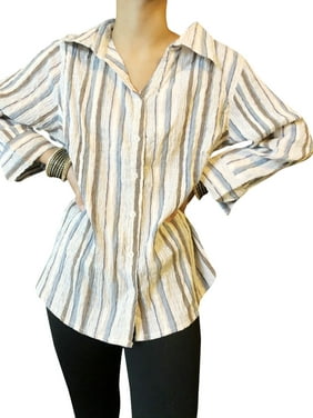 Mogul Women Summer Shirt Blouse ,Oversize Stripe Print Casual Cotton Button Down Bohemian Gypsy Blouse L/XL