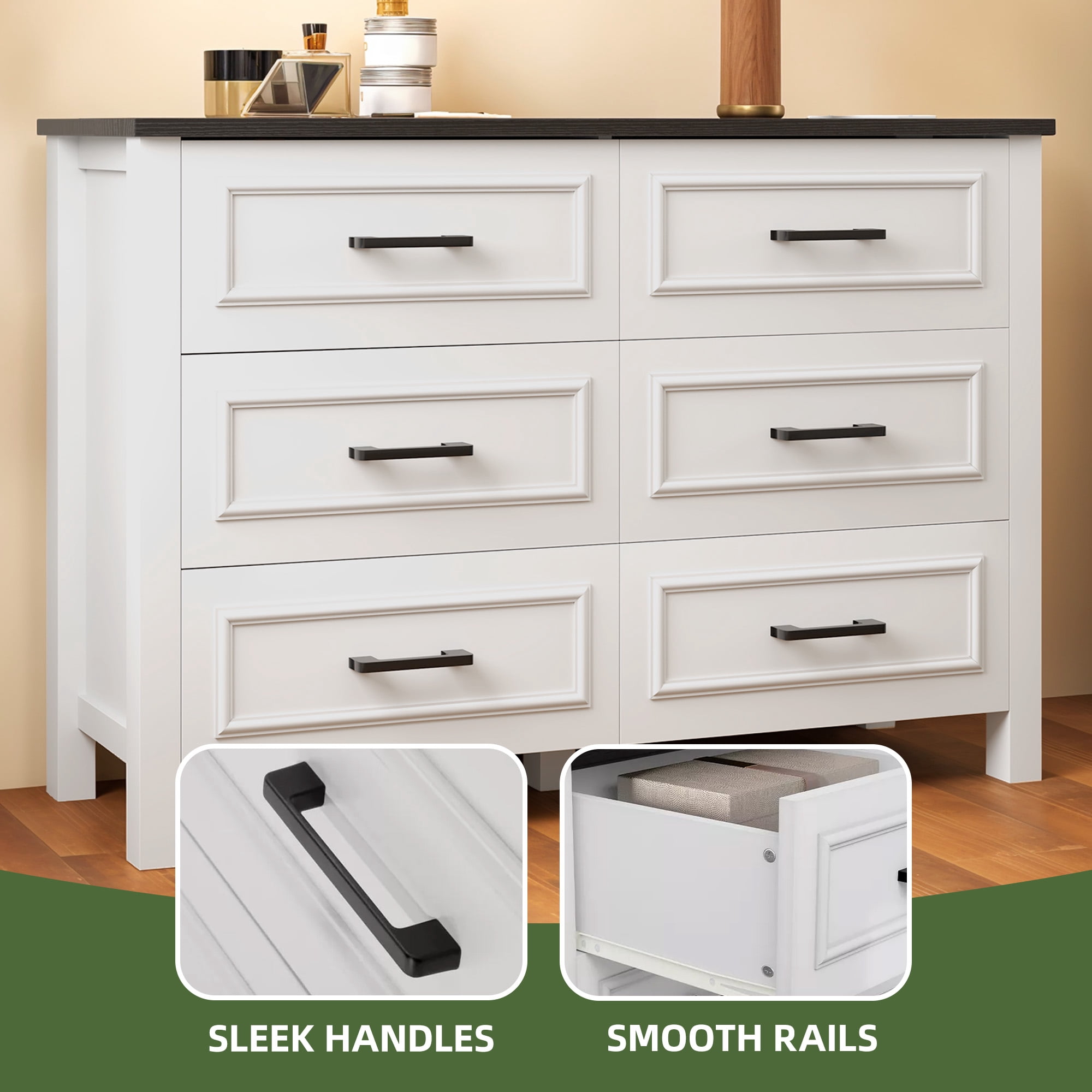 Uforic 6 Drawer Wooden Dresser & TV Stand with Built-in Power Outlet, Sturdy Storage Cabinet for , Living Room, Entryway White