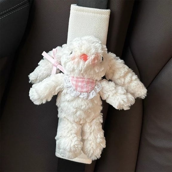 Seat Belt Cover, Cute Bunny Shoulder Pad, Soft Faux Sheepskin Car Seat Belt Cushion for Adults Comfort(White-A)