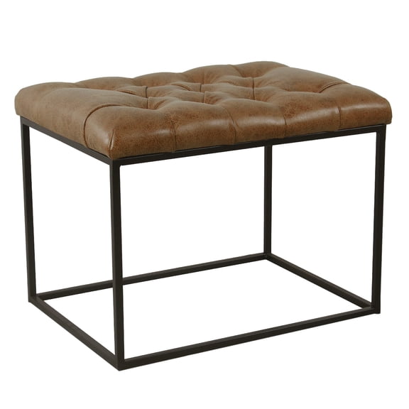 Benjara Ottoman Footstool- Black Metal- Brown Tufted Faux Leather 22 Inch