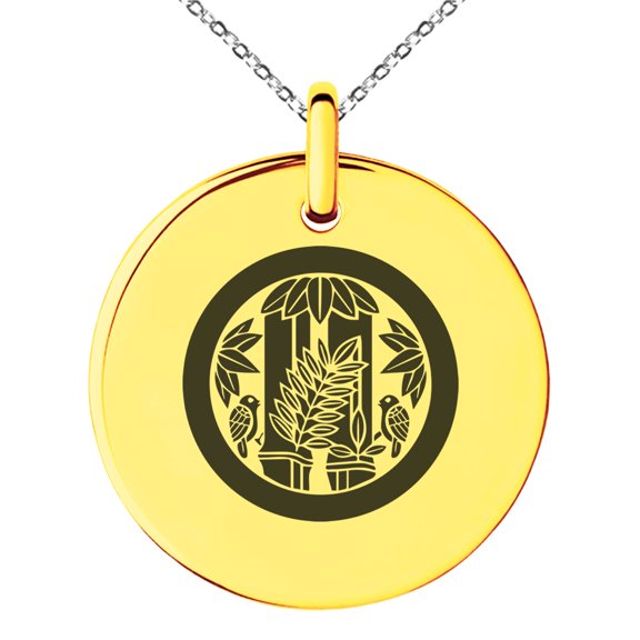 Stainless Steel Torii Samurai Crest Engraved Small Medallion Circle Charm Pendant Necklace
