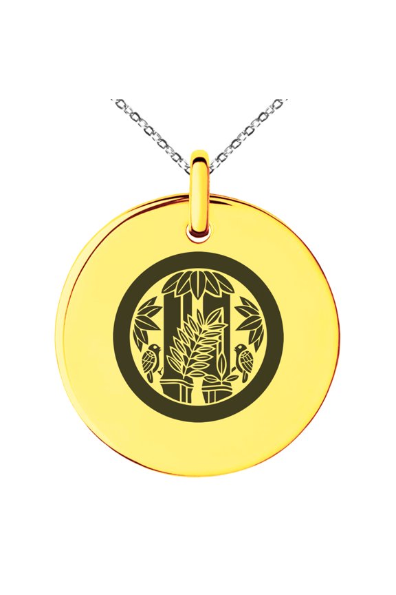 Stainless Steel Torii Samurai Crest Engraved Small Medallion Circle Charm Pendant Necklace