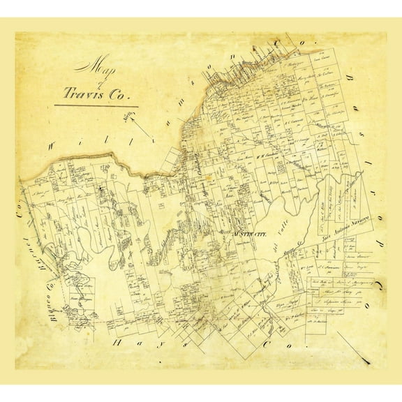 Historic County Map - Travis County Texas  - Vintage Wall Art