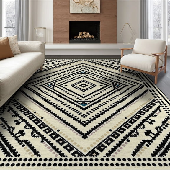 ODIKA 8'x10' Washable Area Rug Non-Slip Chair-Friendly Mat Geometric Motif Interlocking Bold Contrast Decorative Boho Classroom for Dining Room, Large Office, Lounge