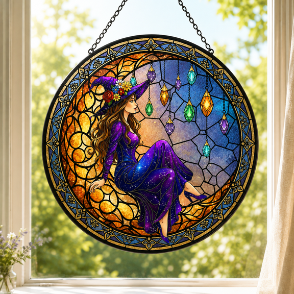Moonlight Witch Stained Glass Suncatcher, Mystical Gothic Halloween Window Hanging Decor (3.94")