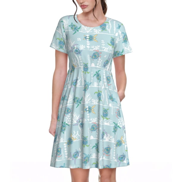 Disketp Sea Turtle para Vestido de Manga Corta para Mujeres, Vestidos de Verano para Mujeres, Casual y Holgado para la Playa