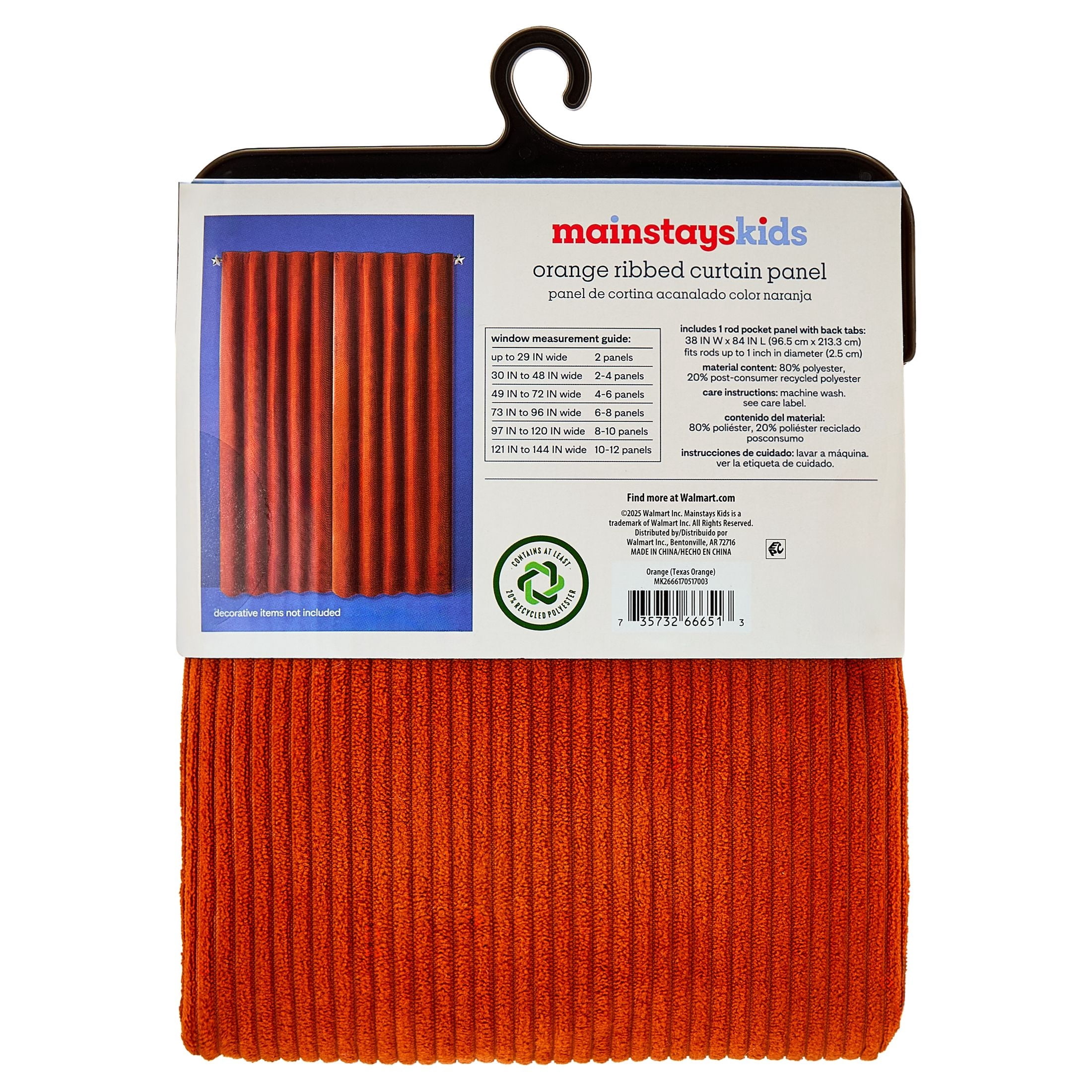 Mainstays Kids Orange Solid Ribbed Corduroy Blackout Rod Pocket with Back Tabs Single Curtain Panel, Set of 1, 38" W x 84" L