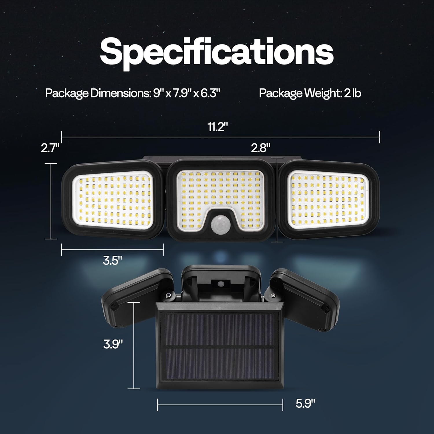 SPECSTAR Solar Flood Lights Outdoor, 256 LED 2500LM Motion Sensor Lights, 3 Adjustable Heads Security Lights, IP65 Waterproof, 270° Wide Lighting Angle Solar Powered Lights for Porch, Yard, 2 Pack