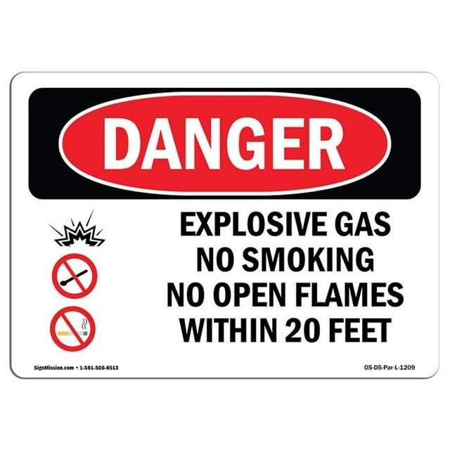 SignMission OS-DS-A-1218-L-1209 12 x 18 in. OSHA Danger Sign - Explosive Gas No Smoking within 20 Feet