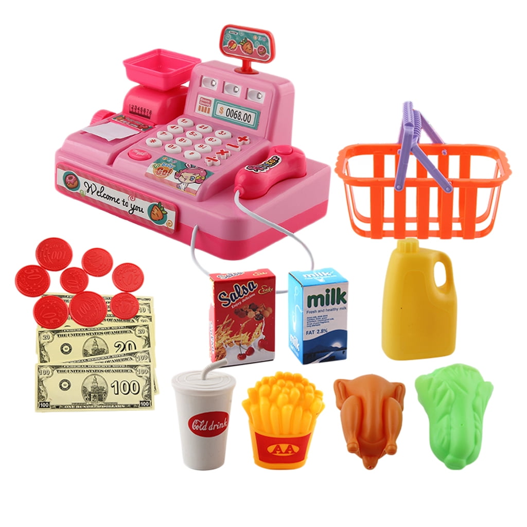 Supermarket Till Kids Pretend Cash Register Toy Set Child Shop Role Play Pink 