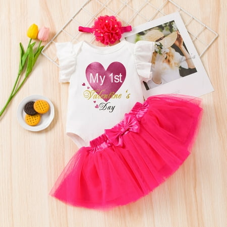 

Aayomet Toddler Infant Girls Valentine s Day Fly Sleeve Letter Prints Romper Bow Tie Net Yarn Short Uncle Niece Baby Clothes D 9-12 Months