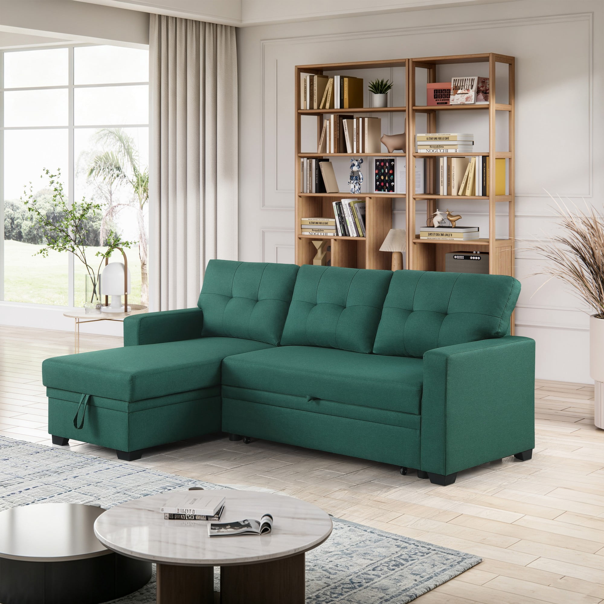 BSHTI 82" 3-Seat Linen Pull Out Sectional Sleeper Sofa with Storage Chaise, Removable Back Cushions for Living Room（Green）