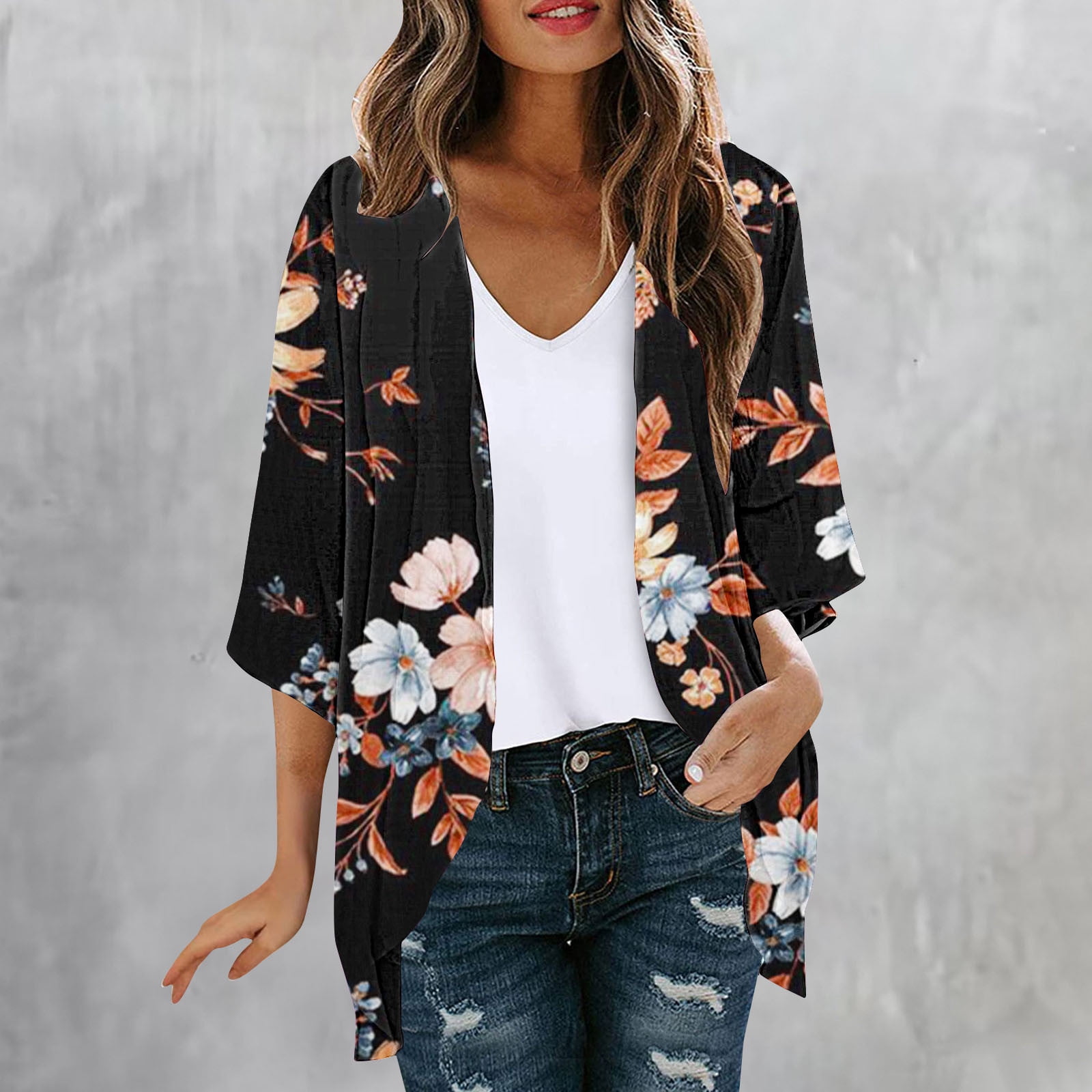 lcziwo 2024 Womens Cardigans Lightweight Summer Women s Floral Print Puff Sleeve Kimono Cardigan Loose Cover Up Casual Blouse Tops Lightning Deals of