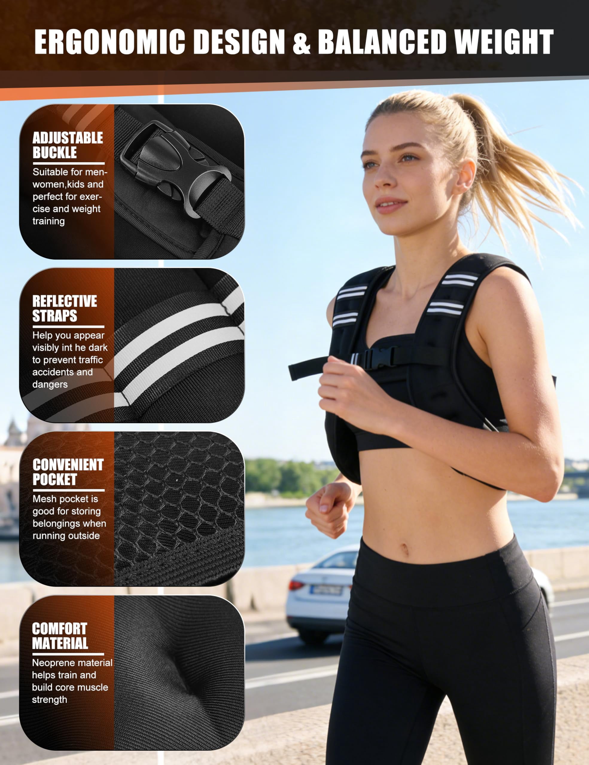 Black 4 lbs Weighted Vest for Men Women Running Workout Jogging Walking