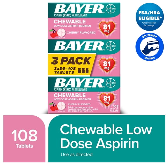 Bayer Chewable Aspirin Regimen Low Dose Pain Reliever Tablets, 81mg, Cherry, 108 Count