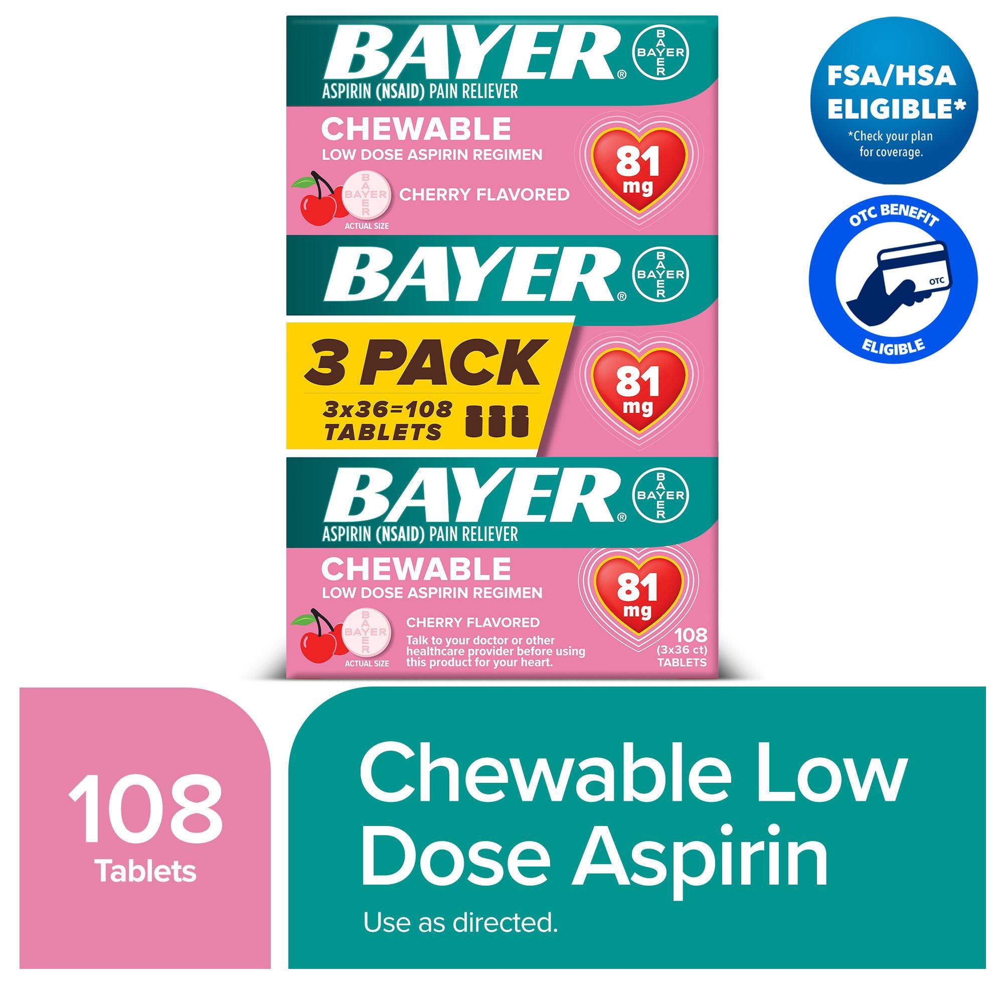 Bayer Chewable Aspirin Regimen Low Dose Pain Reliever Tablets, 81mg, Cherry, 108 Count