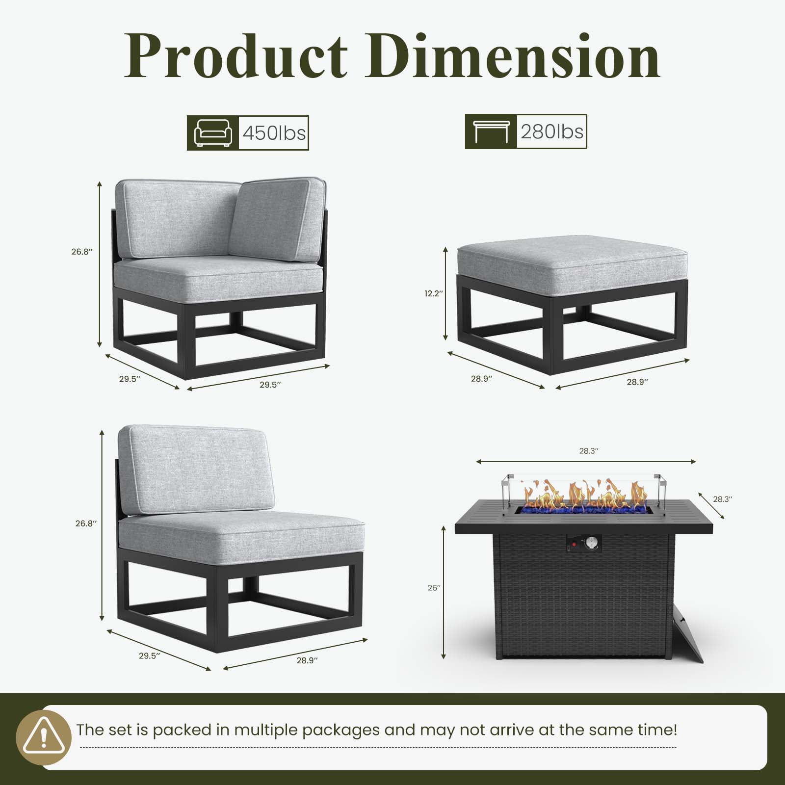 LayinSun Large Aluminum Patio Furniture Set with Fire Pit Table, 9 Pieces Modern Outdoor Conversation Set Sectional Metal Sofa Set with Olefin Cushion