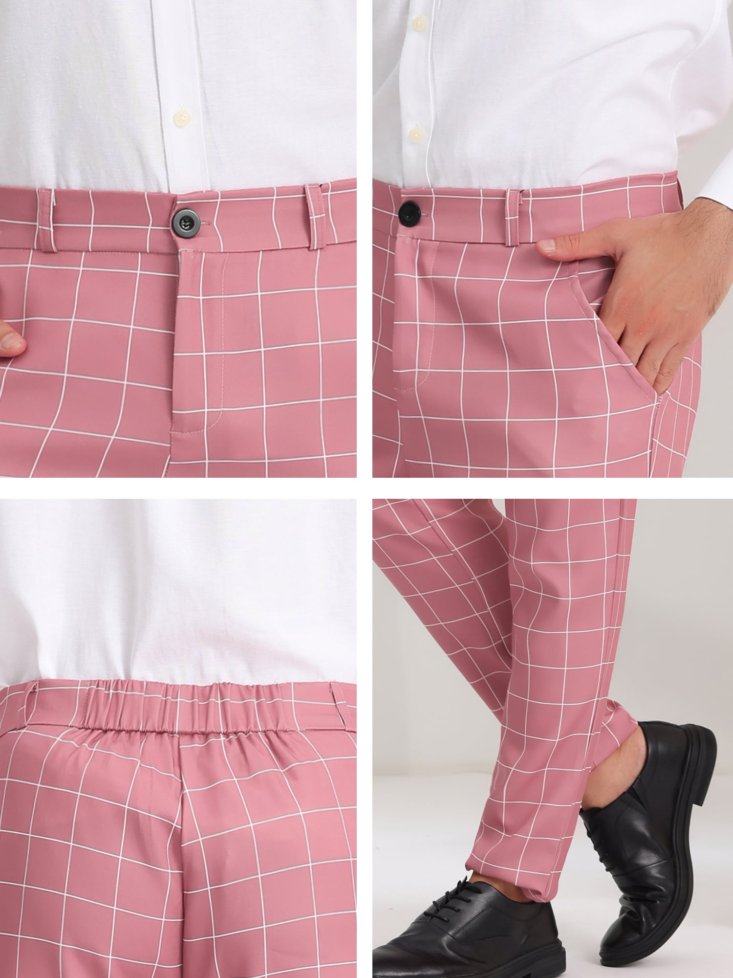 Unique Bargains Men's Plaid Printed Straight Leg Business Casual Checked Pants 30 Pink White