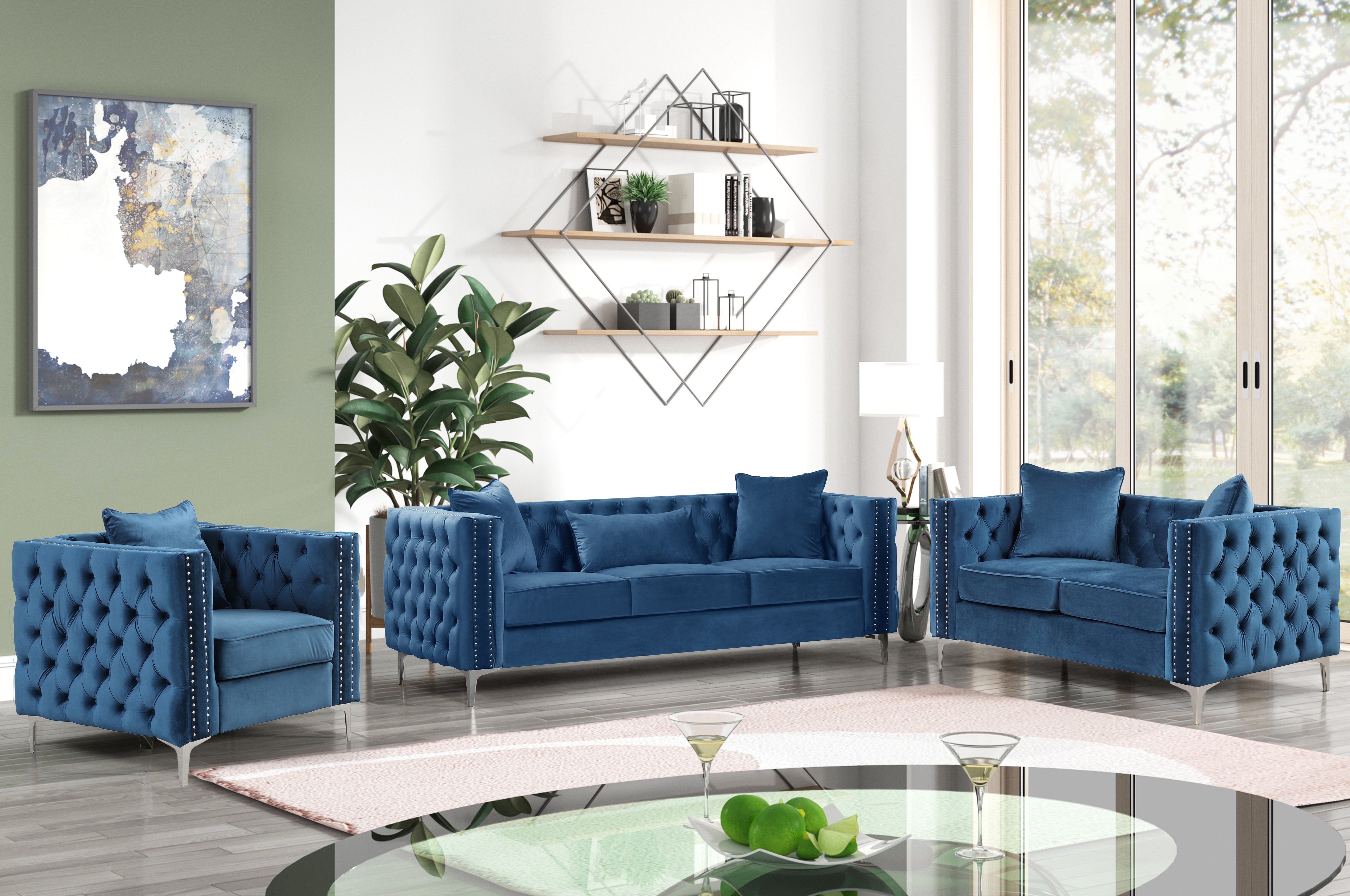 Rome - 3 Pieces Button Tufted Blue Velvet Fabric Living room Set - 1 Sofa, 1 Loveseat and 1 Armchair