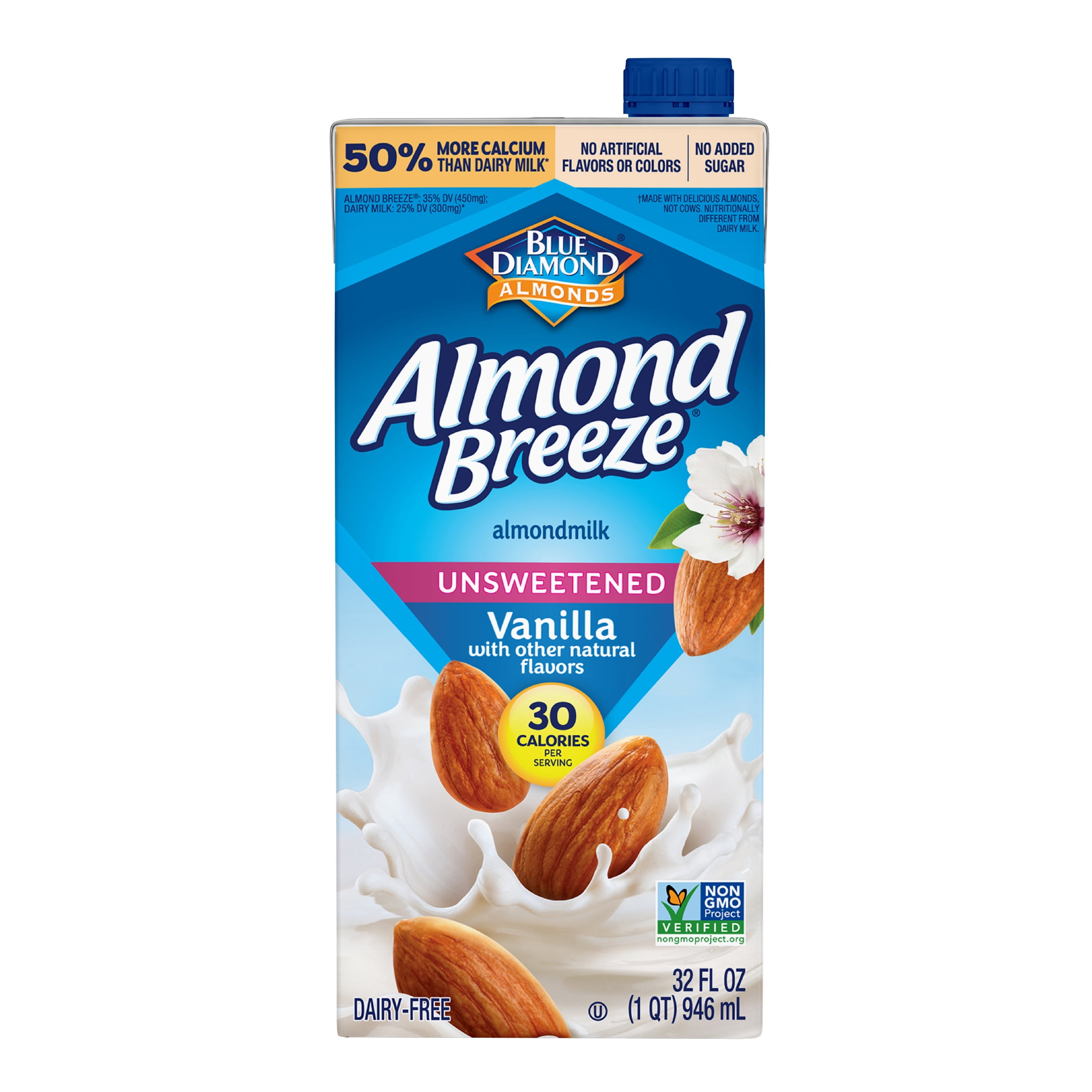 (4 pack) Almond Breeze Shelf-Stable Unsweetened Vanilla Dairy-Free Almondmilk, 32 oz