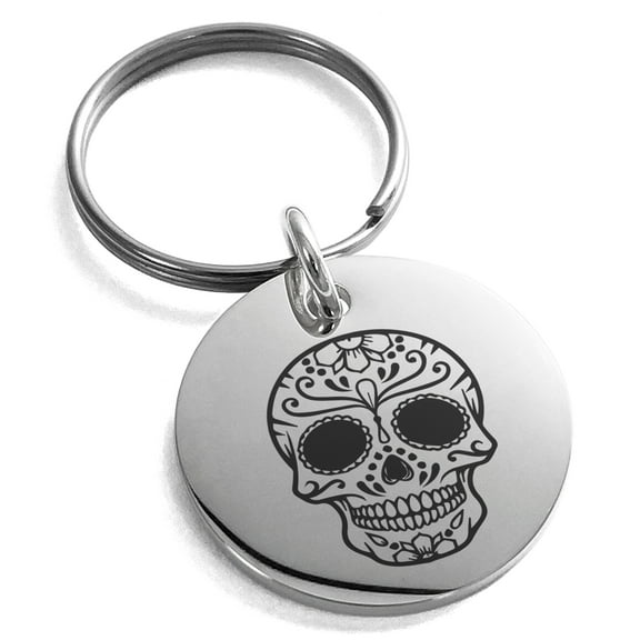 Tioneer Stainless Steel Day of the Dead Calaveras Mischievous Skull Engraved Small Medallion Circle Charm Keychain Keyring