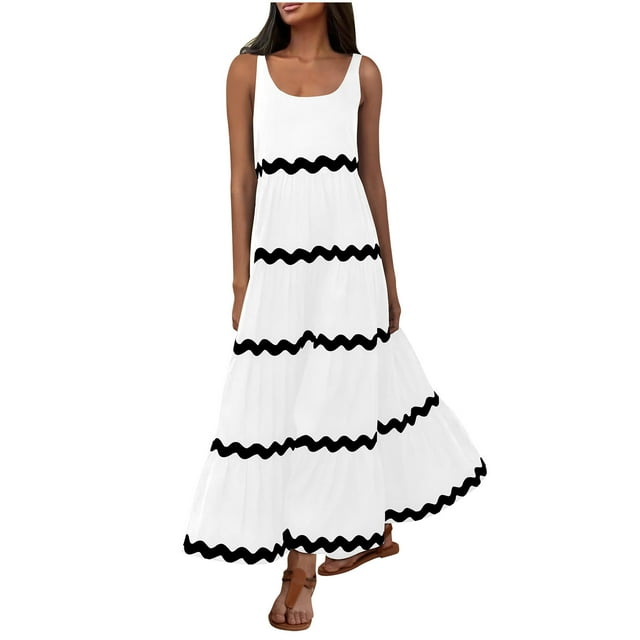 VEKDONE Robes de Plage Décontractées pour Femmes 2025 Robe Longue à Rayures Tendance Col en U Sans Manches Ample Longue à Volants Fluide Blanche TTG