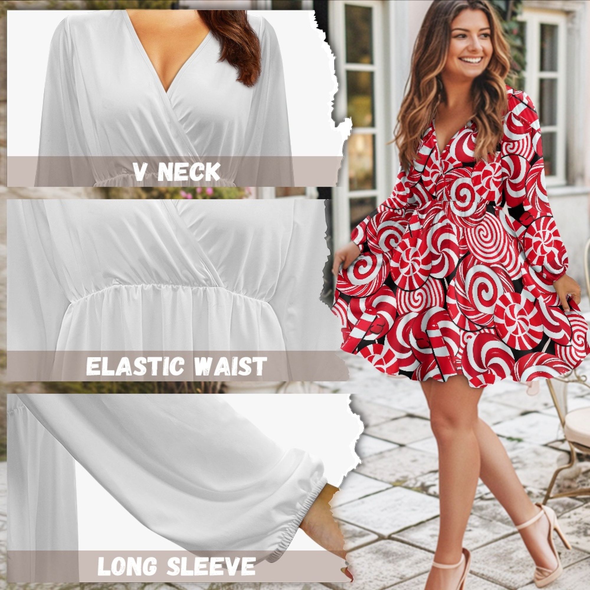 Yuyamidu Candy Canes Long Sleeve Dress Cover Up for Christmas Day Gifts Red Flowy Swing Dresses for Women Size M Casual A-Line Dress Winter V Neck Dresses