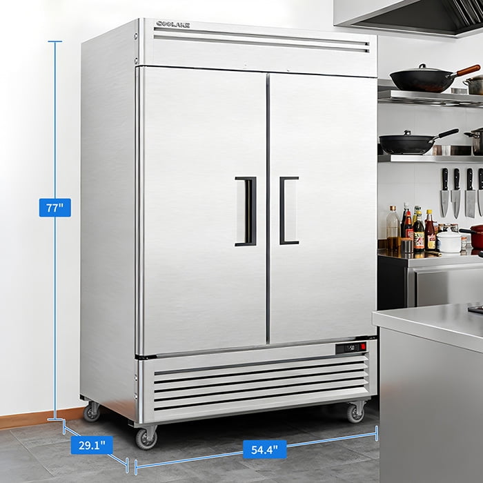 Coolake 54" W Commercial Freezer, 49 Cu Ft Soild Door Upright Freezer with 8 Adjustable Shelves, Frost-free Stainless Steel Industrial Reach-in Freezer for School Restaurant Church Prep Kitchen