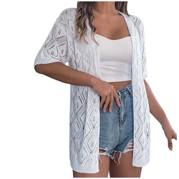 Women's Solid Color Summer Openwork Plaid Short Sleeve Knit Cardigan Casual Beach Vacation Sun Top Uv Protection Shirts for Women Travel Clothes