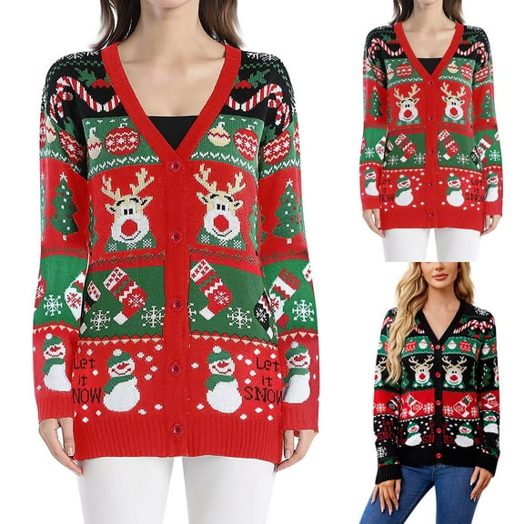 Women's Fashion Red Christmas Reindeer Long Sleeve Round Neck Sweater, Festive and Warm, Perfect for Holiday Parties and Seasonal Celebrations,Black,2XL