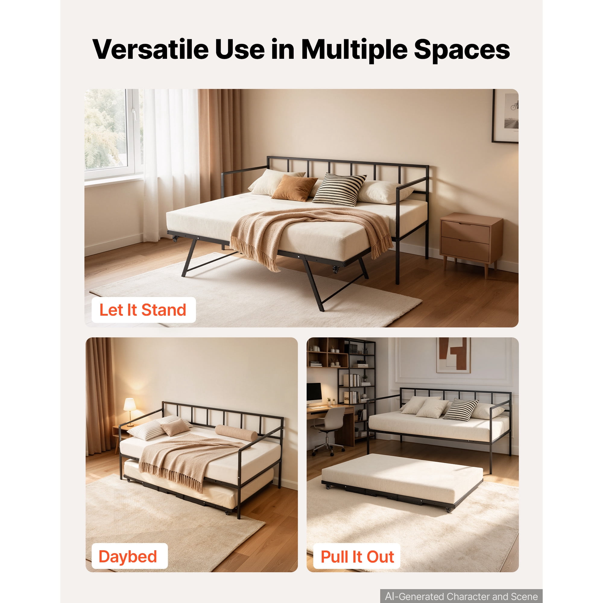 KFFKFF Twin Daybed with Pop-Up Trundle Metal Frame, Ideal for Living Room, Bedroom, or Guest Room, Space-Saving Design, Durable Metal Construction, Lockable Wheels, Simple Assembly, Black