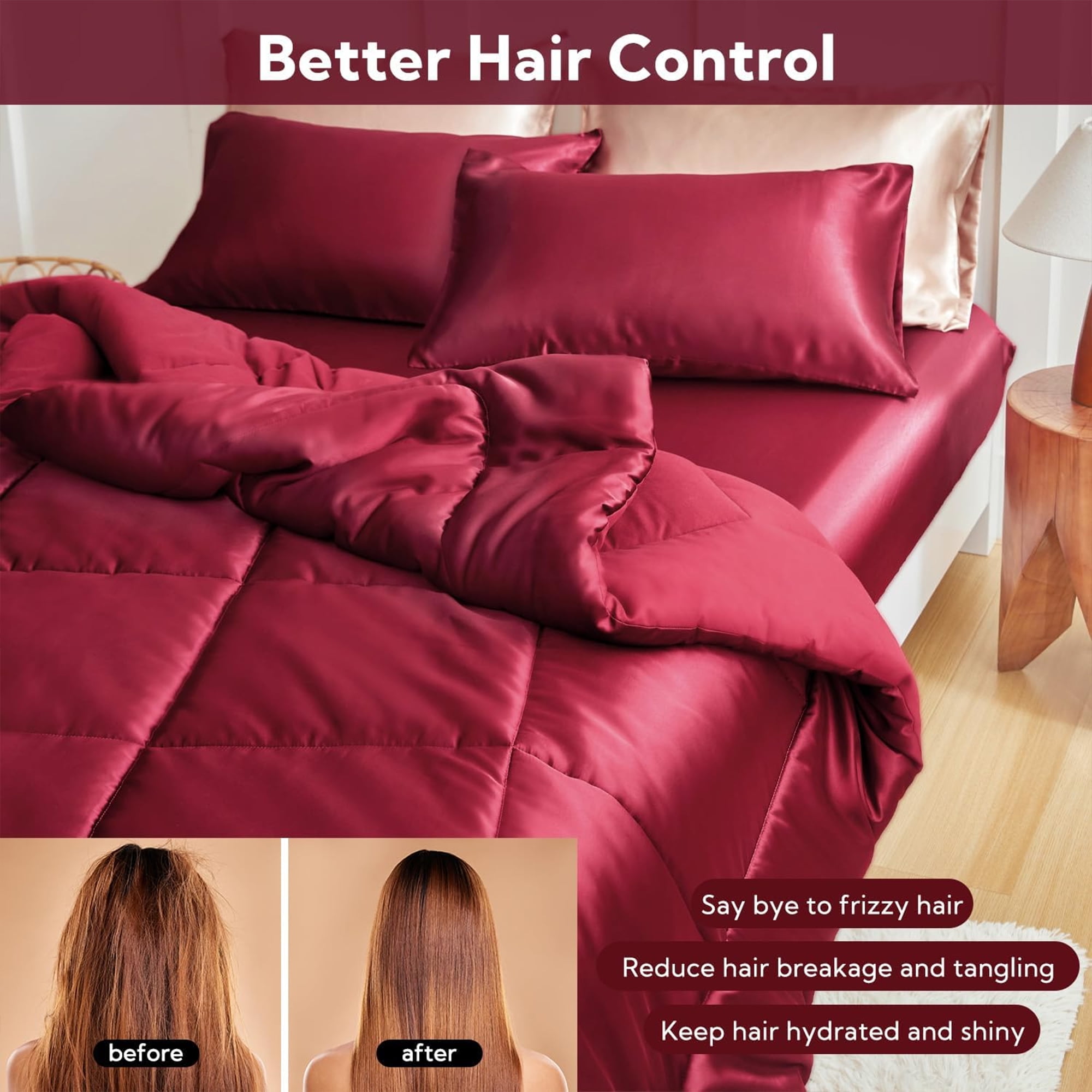 MR&HM Reversible Satin Microfiber Comforter 3 Pieces Queen Size, Burgundy Queen Comforter Set for All Seasons, Silky Soft Satin Comforter for Hair and Skin, with Satin Pillowcases Set of 2