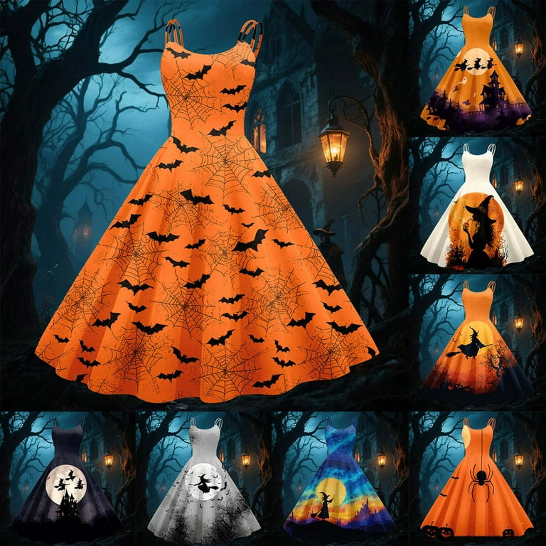 navy blue dress for baby girl YDFCWXW Halloween Dresses for Women 2025 Vintage Spaghetti Strap Scary  Graphic A Line Midi Dress for Party (Yellow, S)