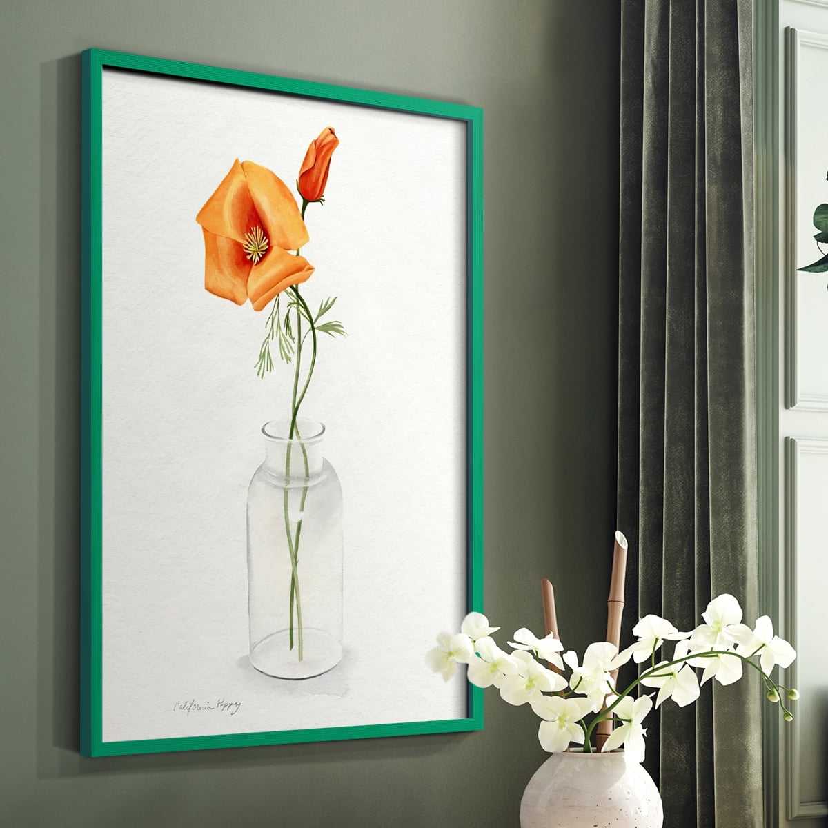 California Poppy Vase I Framed Print in Green Solid Wood Framed Print No Nail Hanging