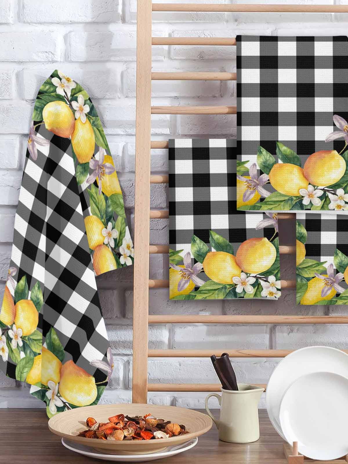 Lemon Hand Towels Set, Waffle Weave Kitchen Towels 2 Pieces, Black Plaid Check Yellow Fruit Flower Floral Microfiber Hair Face Bath Tea Towel Absorbent Quick Drying Cleaning Dish Cloths 15.7"x23.6"