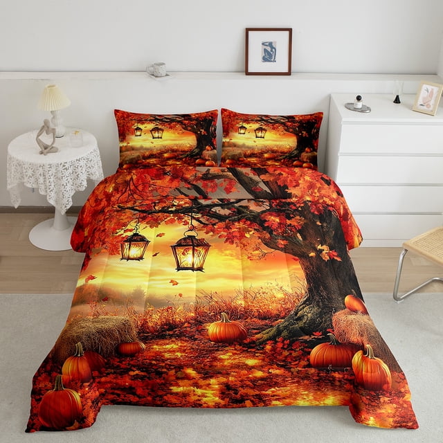 Erosebridal Ensembles de Couette Citrouille Dessin Animé Format Simple, Couette en Duvet Récolte d'Automne, Insert de Couette Réversible Feuille Plante, Microfibre Décoratif pour la Chambre, 2 Pcs