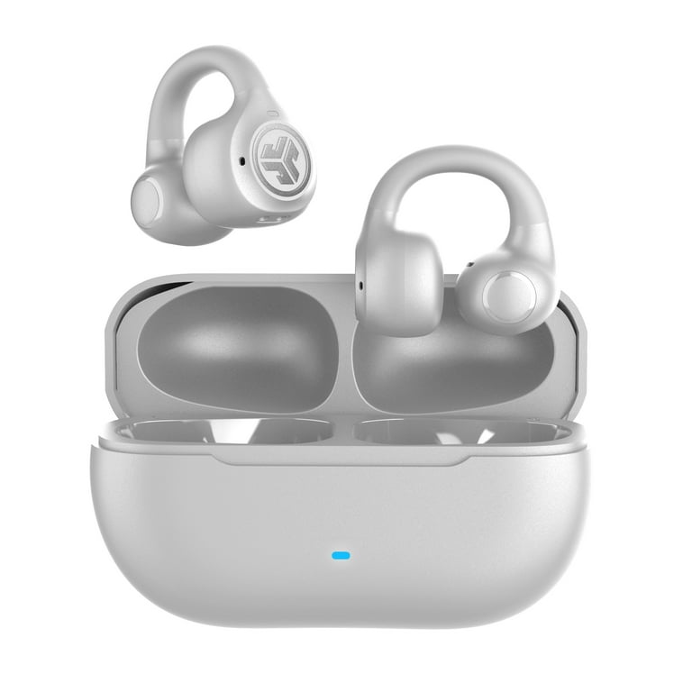JLab Flex Open Earbuds, White, Open-Ear Clip Design, 21+ Hr