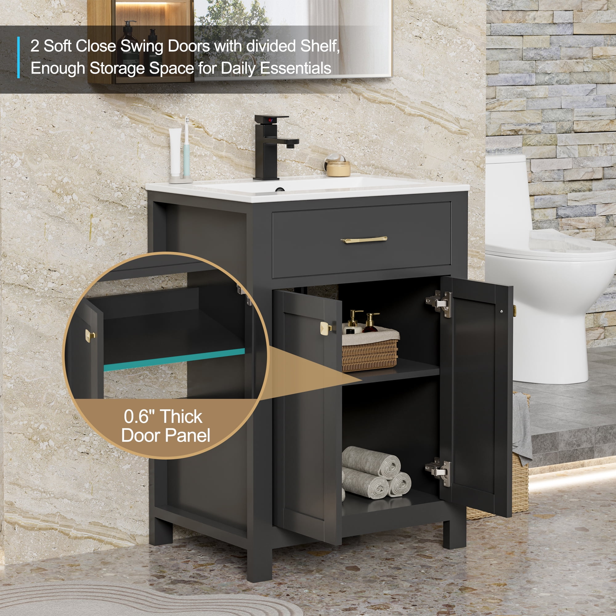 Eclife 24-Inch Freestanding Single Bathroom Vanity with Ceramic Sink Top